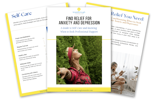 A preview of a wellness guide titled “Find Relief for Anxiety and Depression,” featuring a joyful woman in nature and pages highlighting self-care practices and professional support options