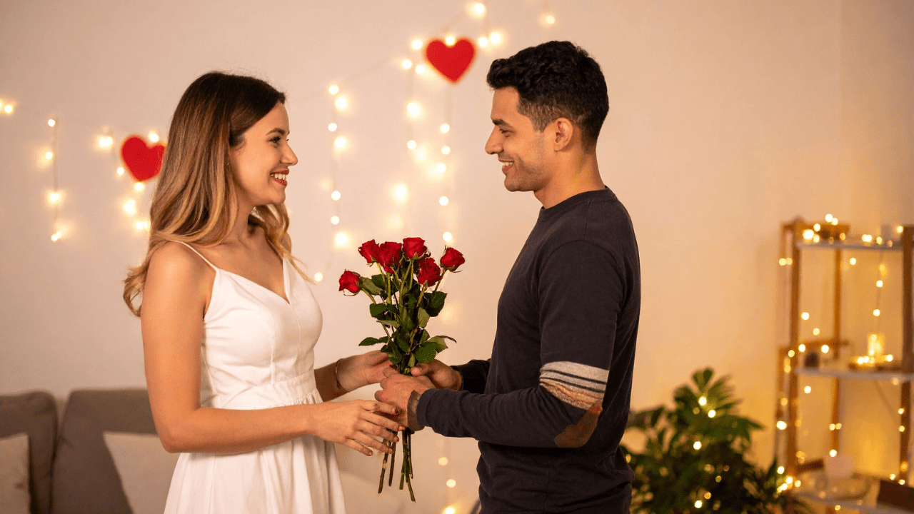Couple celebrating Valentine at cozy home while prioritizing mental health and emotional connection